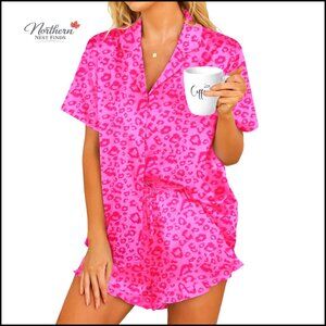 Women's Satin Pajama Set Short Sleeve Button Down Shorts Sleepwear